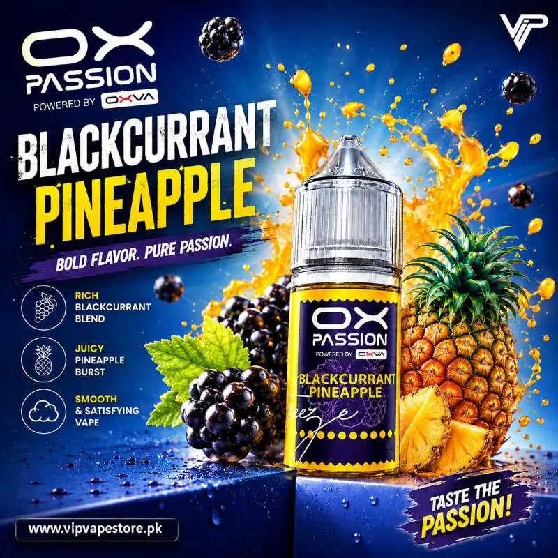 Blackcurrant pineapple Ox Passion nicotine salt in Pakistan offer blend of tangy blackcurrant and sweet pineapple, with fast nationwide delivery.