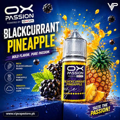 Blackcurrant pineapple Ox Passion nicotine salt in Pakistan offer blend of tangy blackcurrant and sweet pineapple, with fast nationwide delivery.