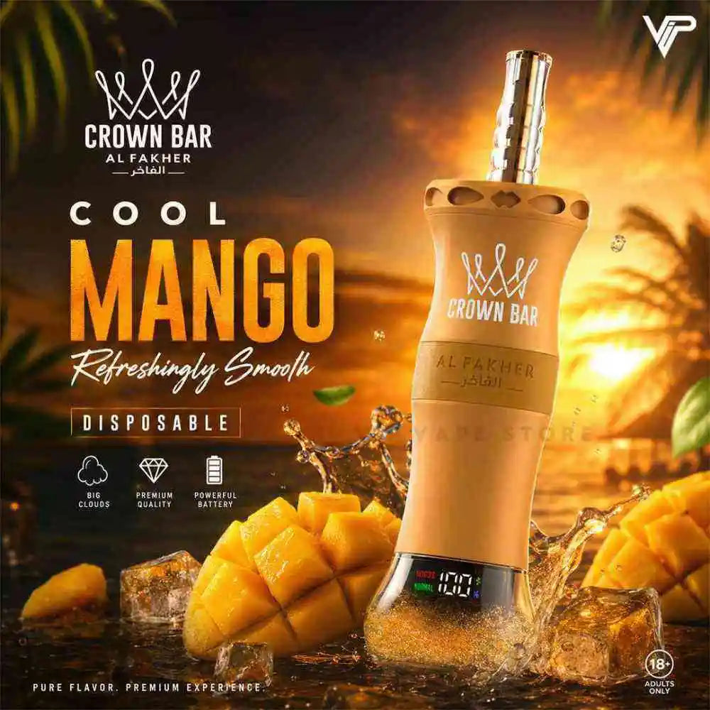 Experience the Cool Mango Al Fakher Crown Bar 60K Puffs Vape with sweet yellow tropical mango flavor, refreshing ice finish, smooth performance, Buy best price from Vape store PK.