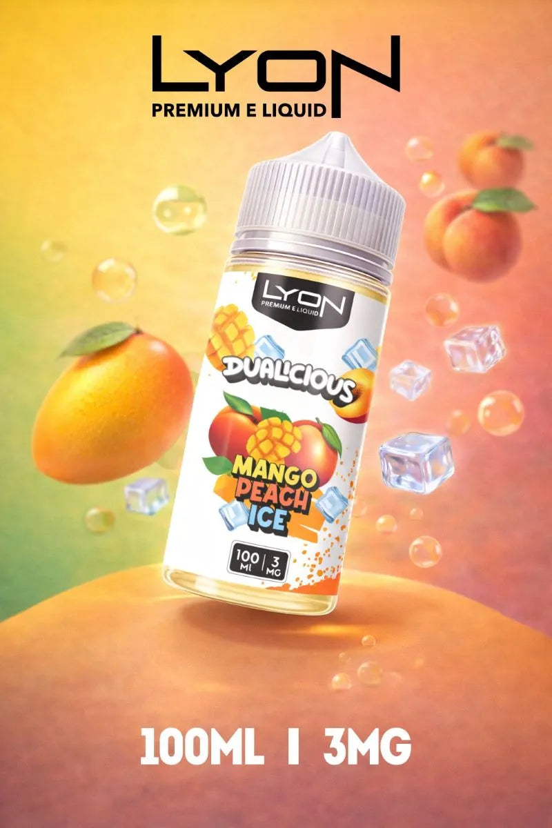 Mango Peach Ice Lyon Dualicious E-Liquid blends sweet tropical mango, juicy peach flavor, and smooth exhale, offer balance fruit sweet taste in vape.