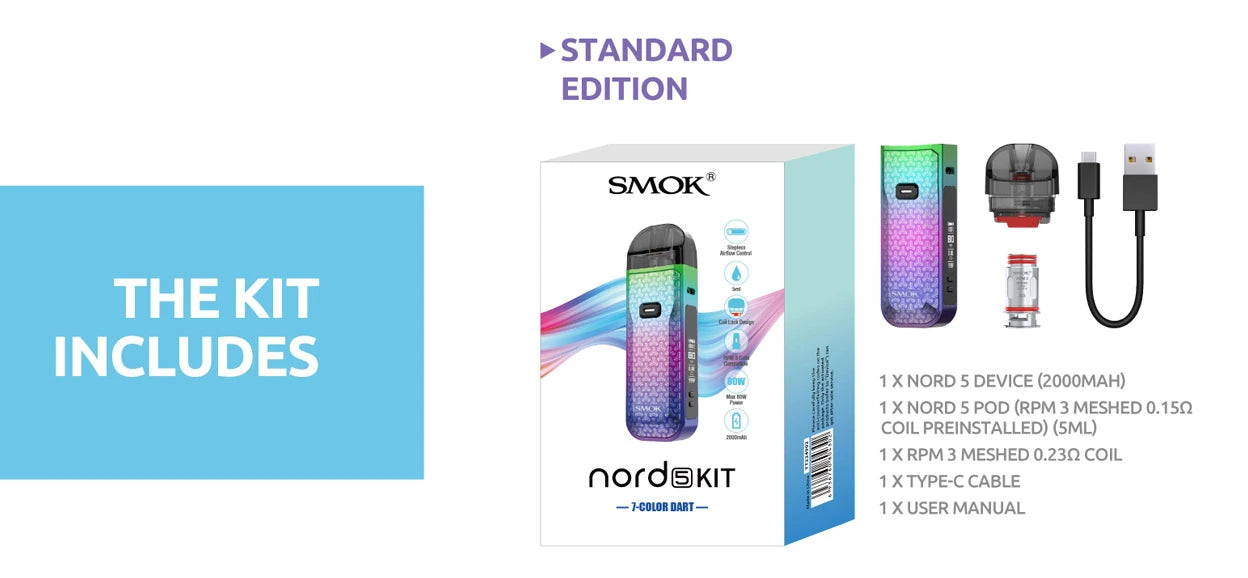 Smok nord 5 pod mod vape kit box contents include