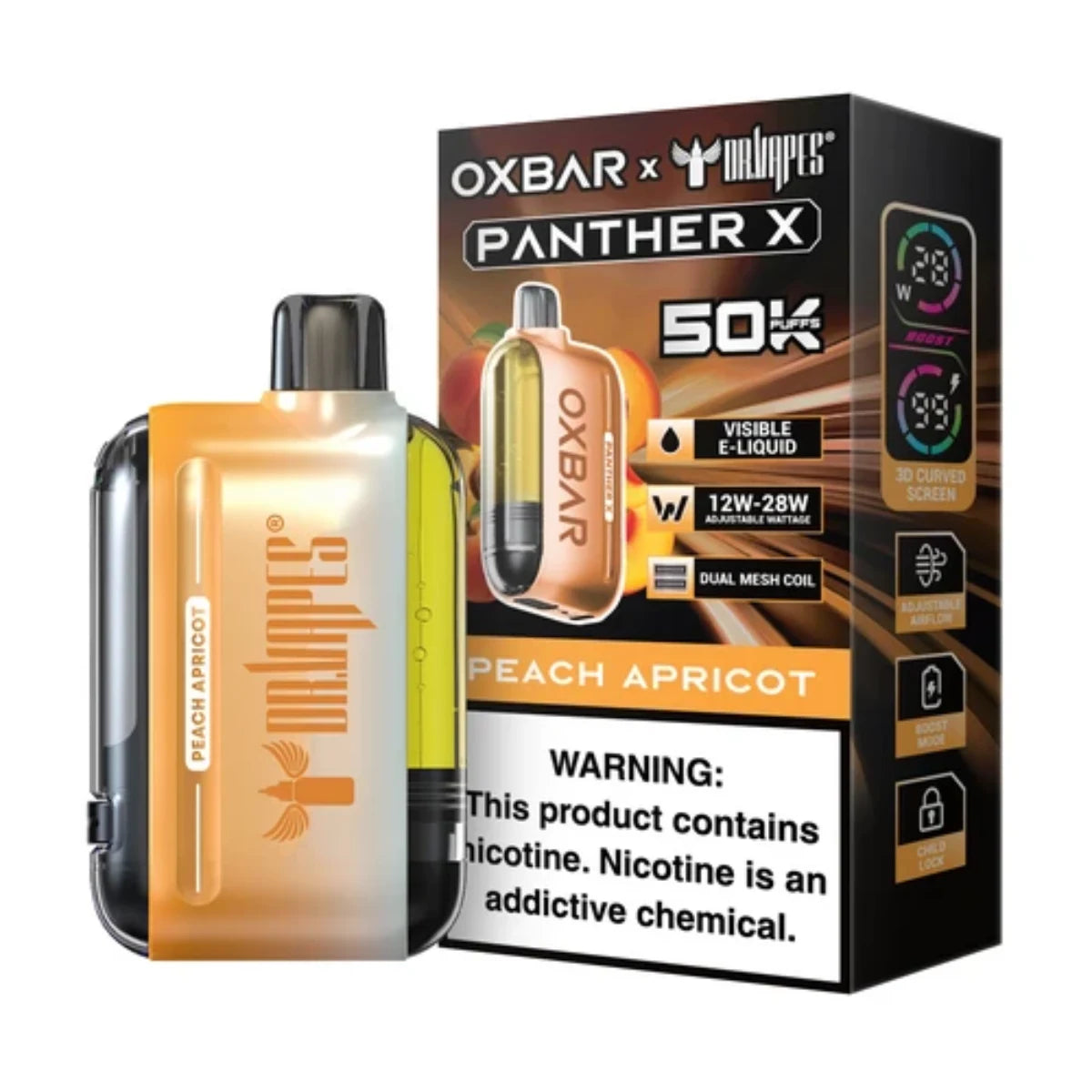 Peach Apricot Oxbar X Panther Disposable 50k Puffs vape combines juicy peach and smooth apricot flavor with high consistent flavor and airflow.