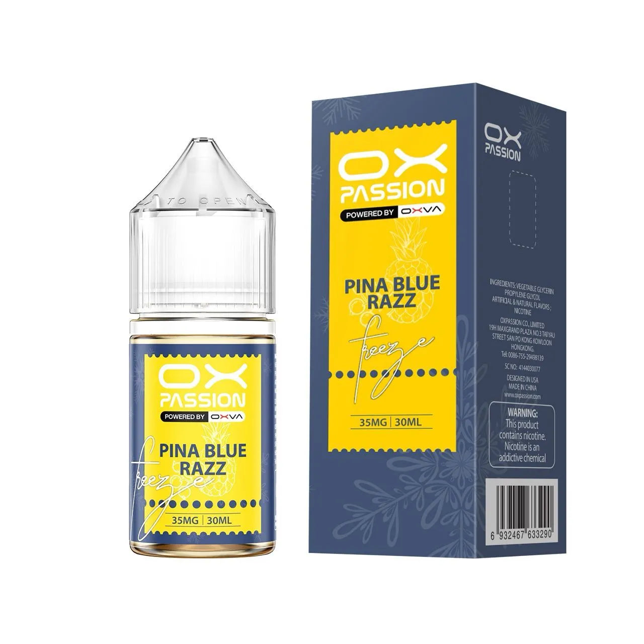 Pina blue razz freeze Ox Passion 30ml a refreshing tropical salt nic experience, sweet pineapple, tangy blue raspberry, and icy freeze flavor.