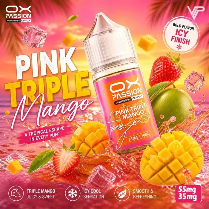 Pink triple mango freeze Ox Passion 30ml a rich yellow mango blend with sweet strawberry & tangy green mango ice smooth finish nicotine salt.
