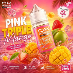 Pink triple mango freeze Ox Passion 30ml a rich yellow mango blend with sweet strawberry & tangy green mango ice smooth finish nicotine salt.