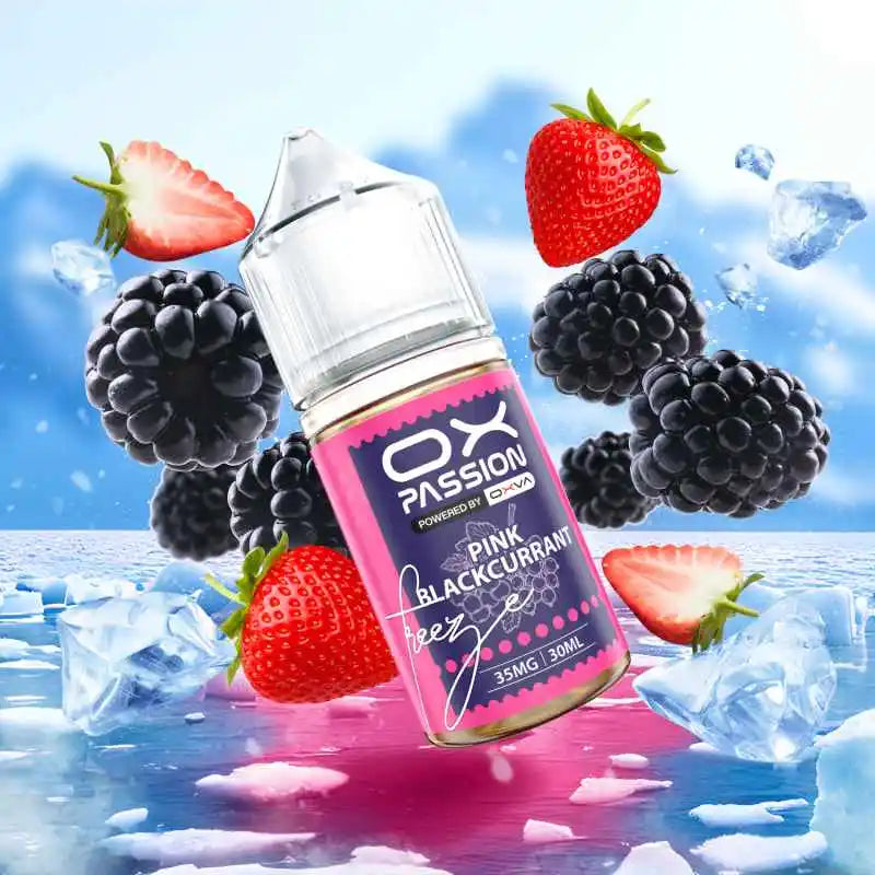 Pink blackcurrant freeze Ox Passion 30ml a bold blackcurrant with sweet pink fruit notes and ice exhale, Smooth nicotine salt, for pod systems.
