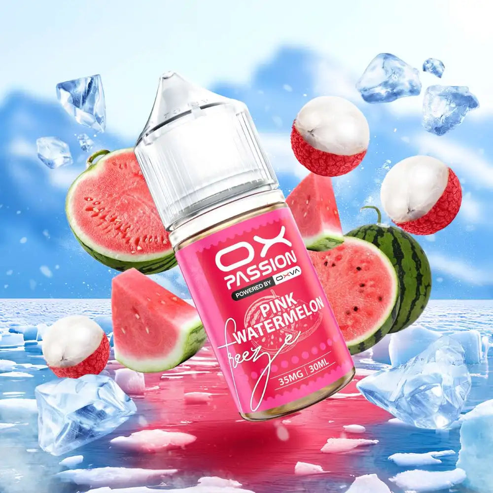 Pink watermelon ice Ox Passion 30ml combine juicy red watermelon with tangy lychee at exhale, smooth soft performance and premium nicotine delivery.