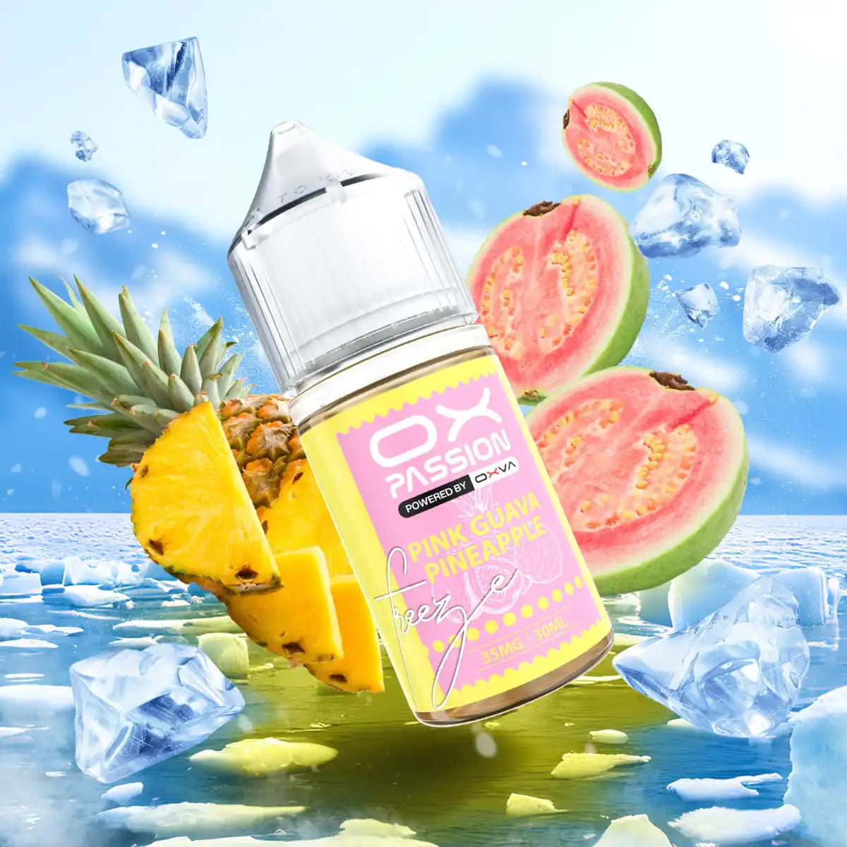 Pink Guava Pineapple Freeze Ox Passion 30ml blends juicy pink guava and tangy pineapple with a crisp icy finish for a refreshing tropical flavor.