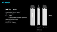 Specifications of Vaporesso Xros mini pod kit including battery mah, replacement pod, wattage output and pod capacity