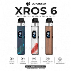 The Vaporesso XROS 6 Pod Kit features a powerful 1800mAh battery COREX 3.0 heating technology VENTURI airflow system and fast Type-C charging for smooth flavor