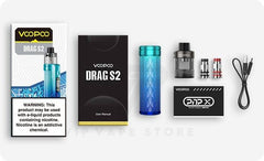 Box includes and package contents Voopoo Drag S2 Pod Mod Kit, includes 2 coils, battery and tank