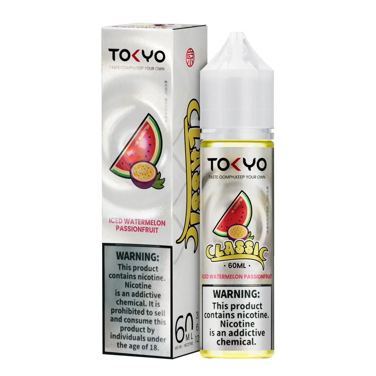 Watermelon passionfruit ice Tokyo E-liquid 60ml high-quality freebase vape juice delivers rich flavor, dense vapor for sub-ohm vape kits.