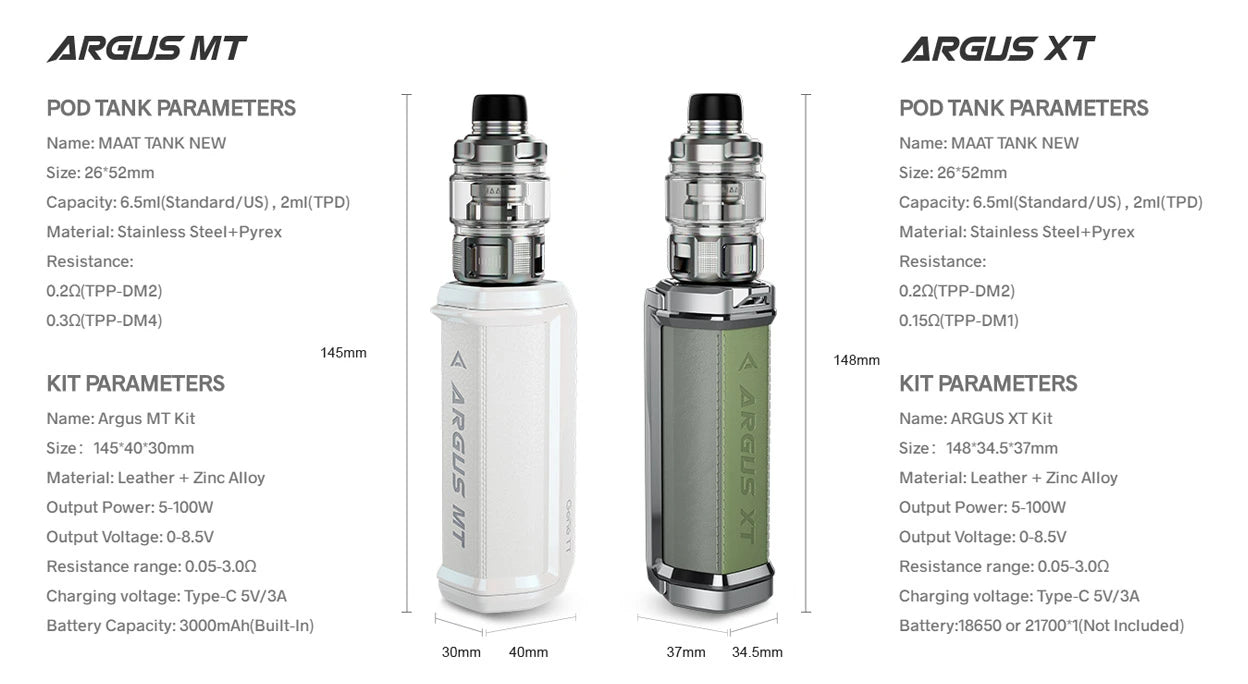 Voopoo Argus XT and Argus MT features, parameters, and specifications