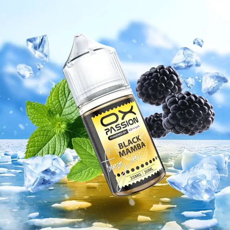 Black Mamba freeze Ox Passion 30ml blends juicy ripe grape with tangy blackcurrant and a refreshing cool finish for a bold, rich fruit flavor.