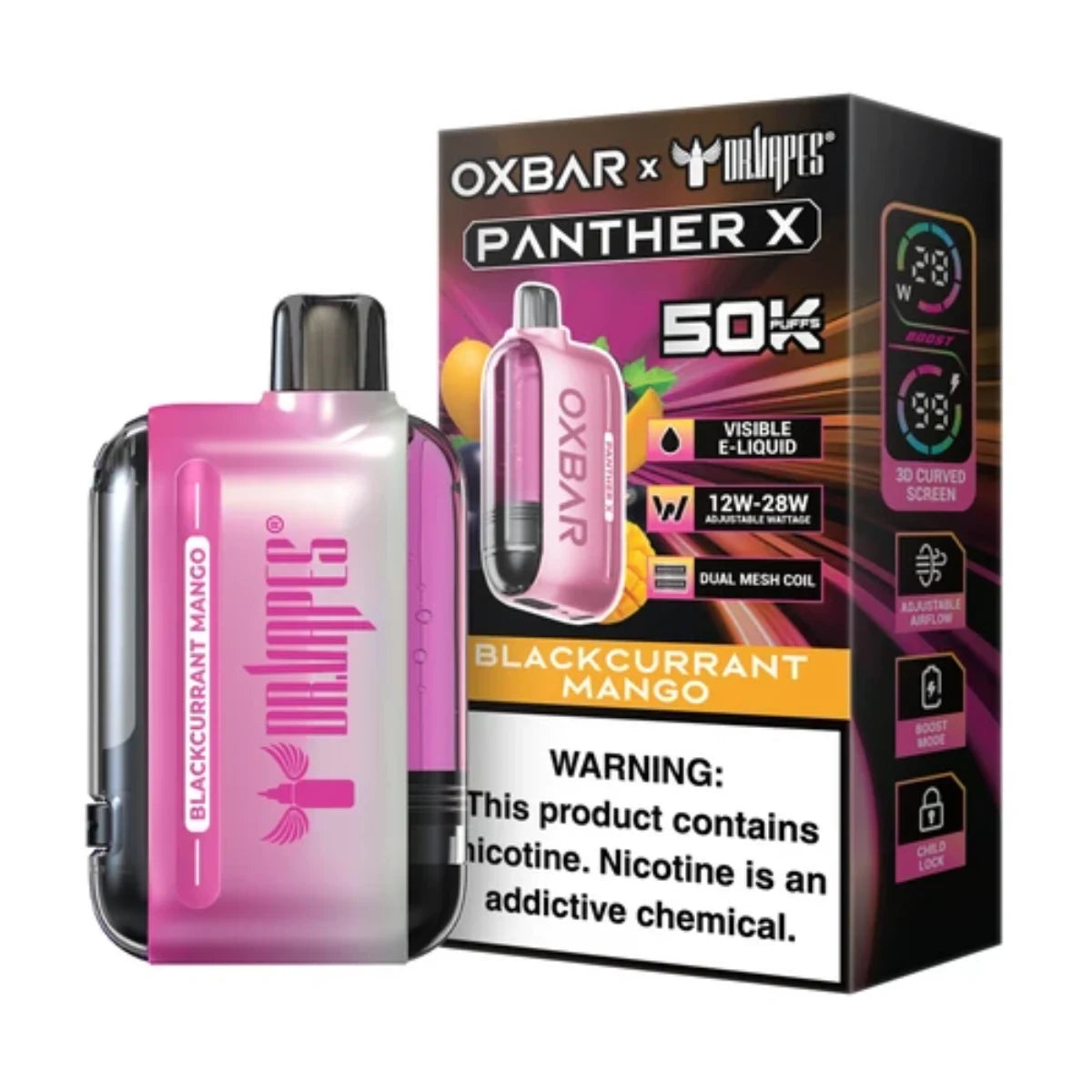 Blackcurrant Mango Oxbar X Panther Disposable 50k Puffs vape delivers a bold blend of rich blackcurrant and juicy mango with smooth airflow.
