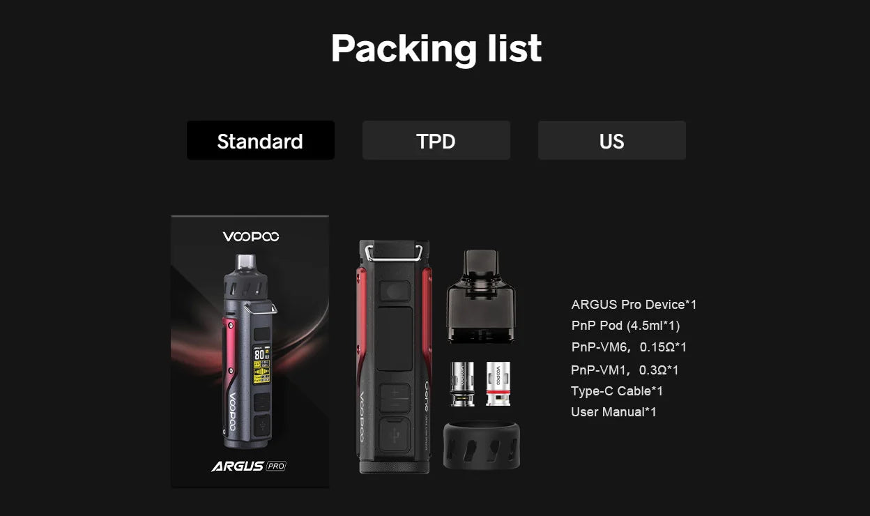 Box contents and package list of Argus pro voopoo 80w vape including 2 pnp coils, type C cable and user manual