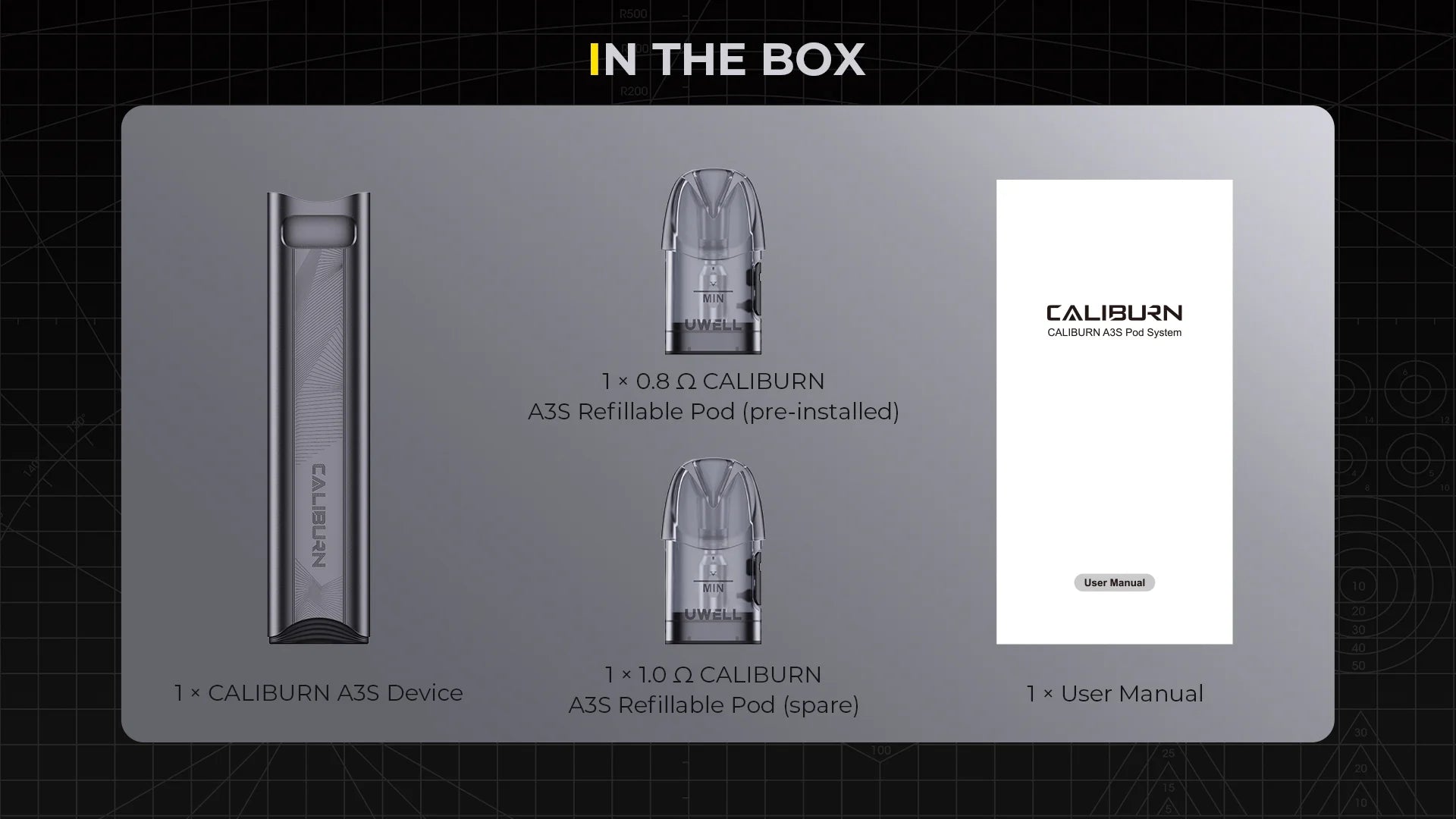 Package include Uwell caliburn A3s pod kit