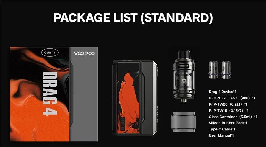 Voopoo Drag 4 vape kit box contents and package list