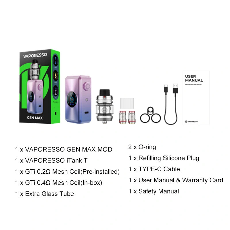 Box mod, Itank, 2 coils GTI, 2 O rings, 1 extra glass tube, refill silicone plug and user manual