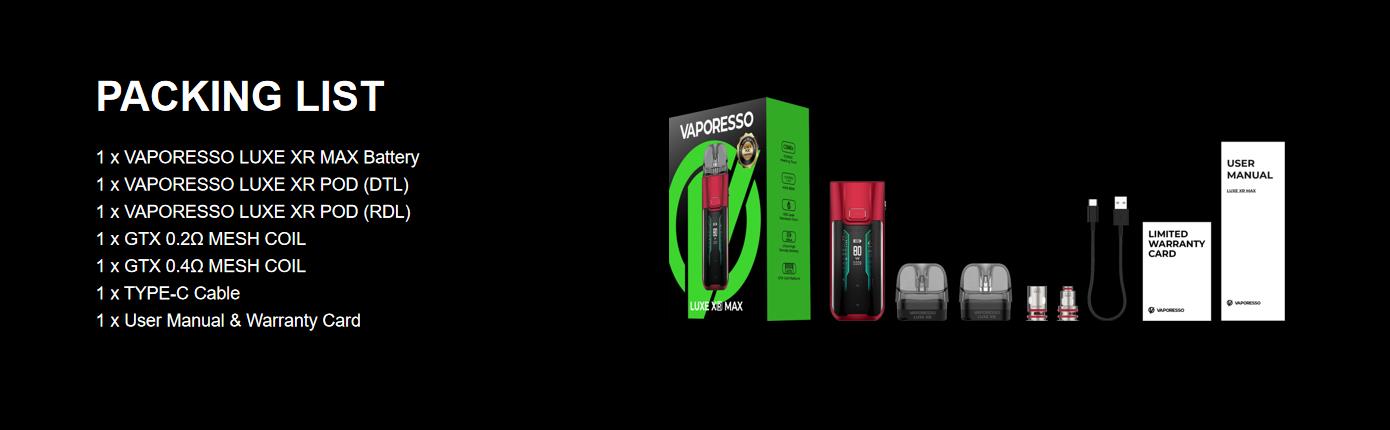 Vaporesso Luxe XR max box contents package list including 2 GTX coils, empty pods and charging cable