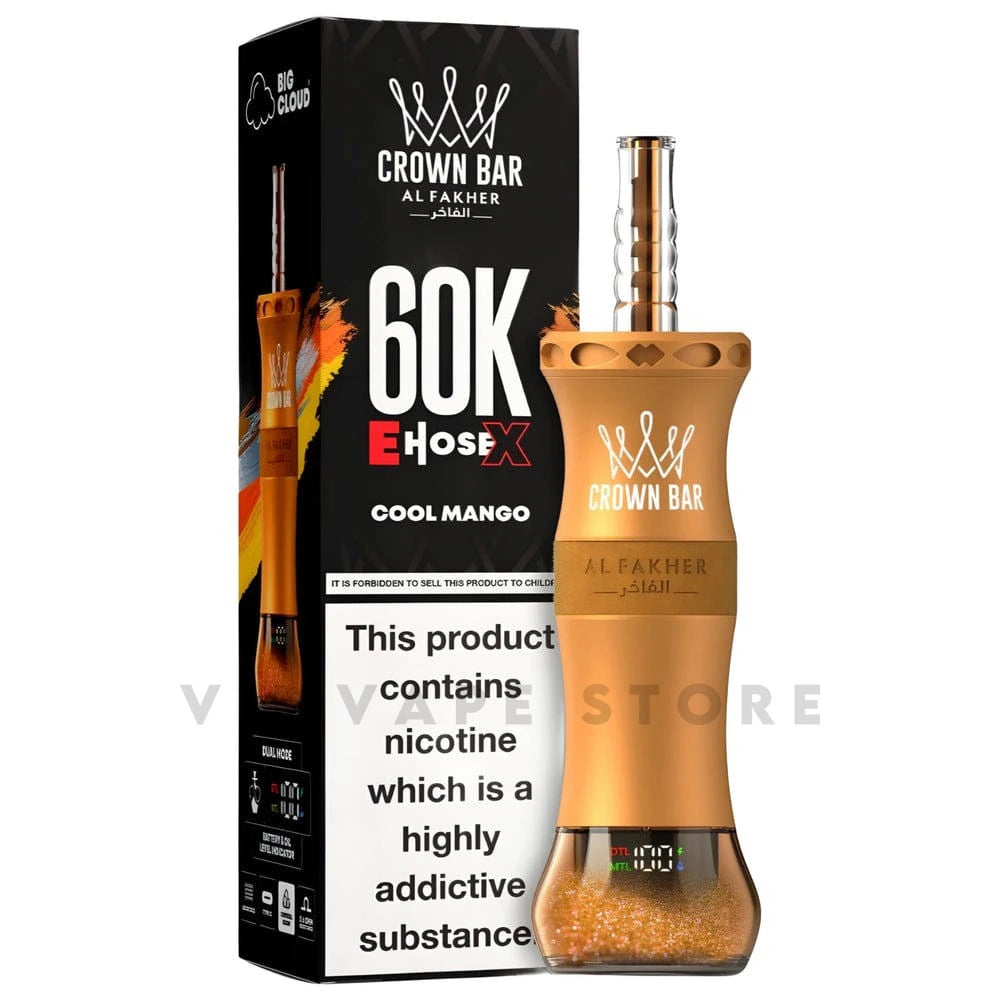 Experience the Cool Mango Al Fakher Crown Bar 60K Puffs Vape with sweet yellow tropical mango flavor, refreshing ice finish, smooth performance, Buy best price from Vape store PK.