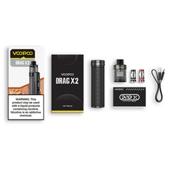 Voopoo Drag X2 Pod Mod Kit 80W package includes inside box with 2 coils, cable, tank and battery mod