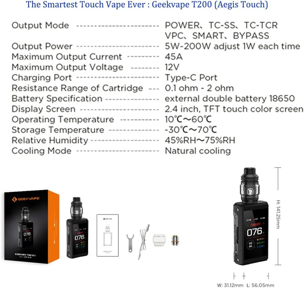 Specification geekvape aegis t200 touch screen vape kit