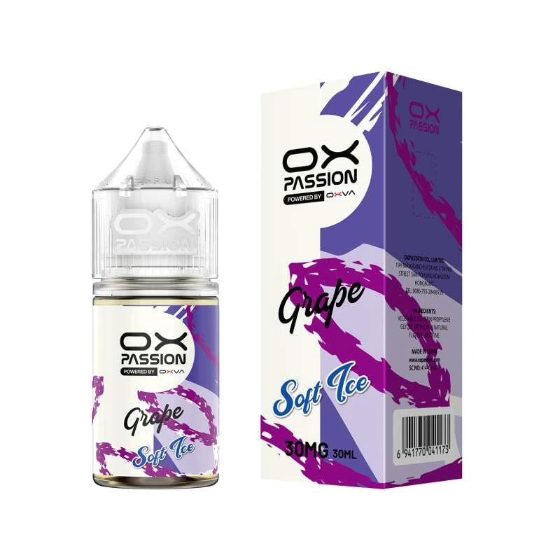 Burst of ripe Concord grape layer with a gentle soft chill, Grape Soft Ice Ox Passion 30ml deliver crisp fruit sweet smooth refreshing finish.