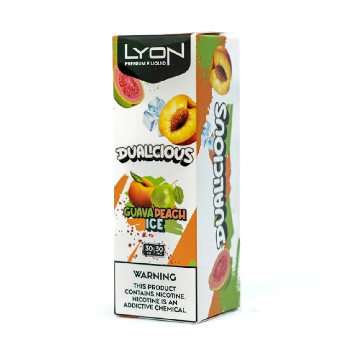 Guava Peach Ice Lyon Dualicious 30ml salt nicotine blends juicy guava, sweet peach, and ice, Shop fruity nicsalt flavor at Pakistan's best vape shop.