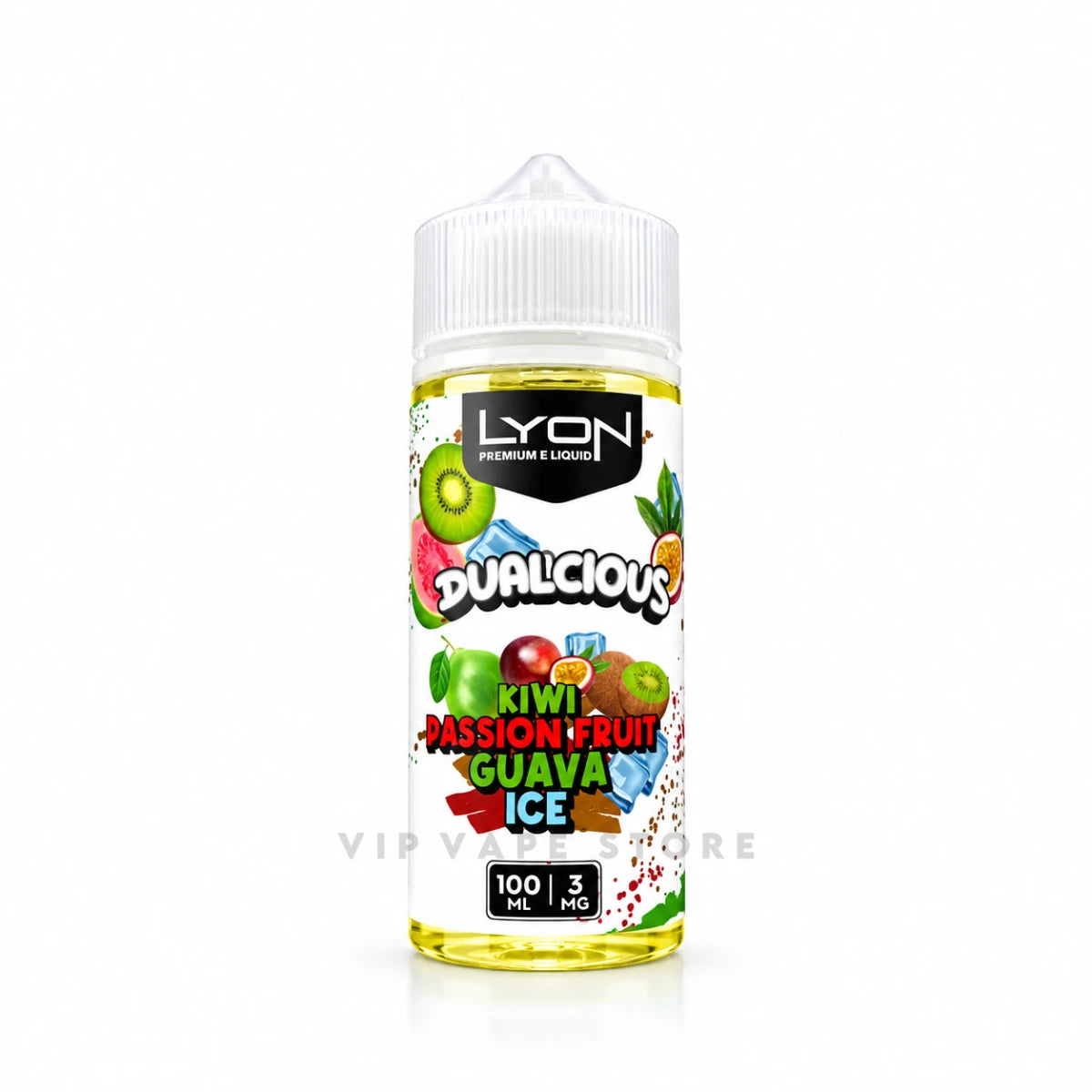 Kiwi Passion Fruit Guava Ice Lyon Dualicious E-Liquid 100ml blends tangy kiwi, tropical passion fruit, smooth guava, and a cool finishing note.