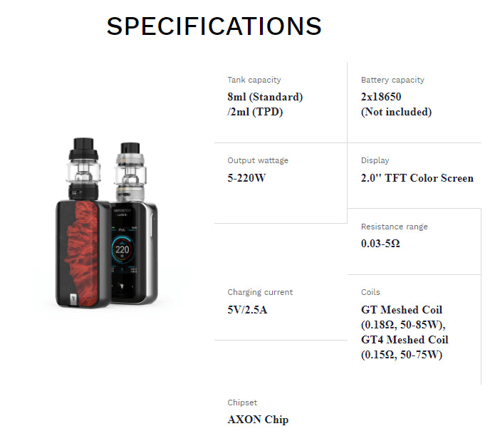 Vaporesso Luxe 2 kit parameters and specs