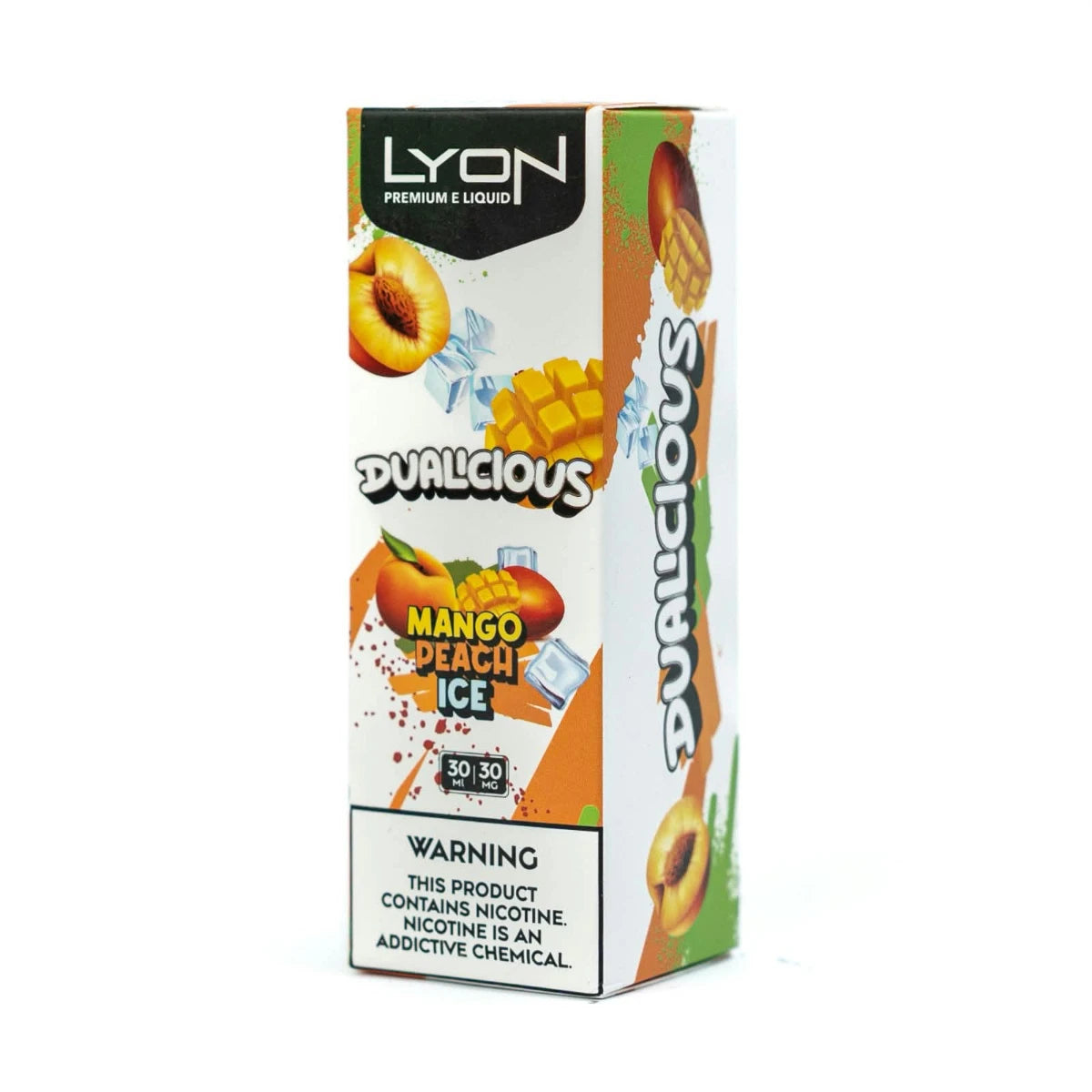 Mango Peach Ice Lyon Dualicious 30ml blends juicy mango, smooth peach, and a refreshing ice finish for a sweet, fruity nicotine salt flavor.