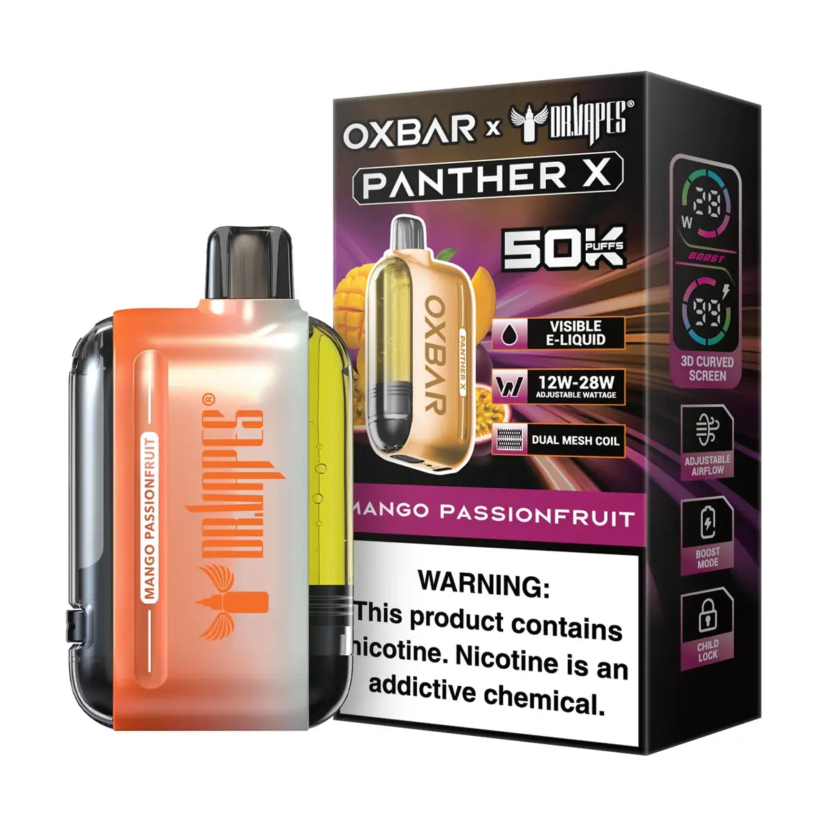 Mango passionfruit Panther X Oxbar Disposable vape combines sweet, juicy mango with tangy and aromatic passionfruit for a vibrant tropical flavor.