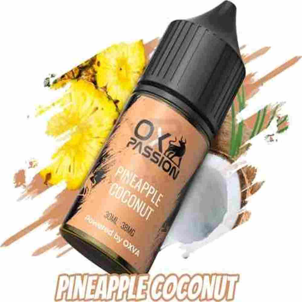 Puff your way to paradise with Pineapple coconut 30ml OX passion by oxva salt e-liquid blends juicy pineapple creamy coconut for a taste bud vacation.