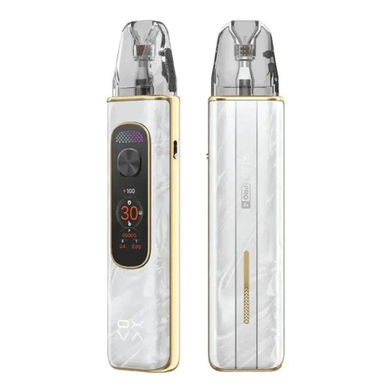 Close-up of OXVA Xlim Pro Pod System RGB light bar and digital screen display