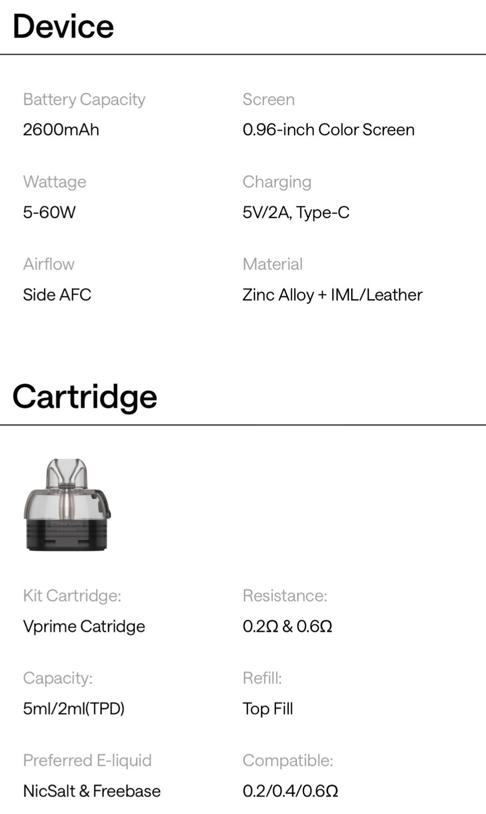 Oxva Vprime 60w kit specs