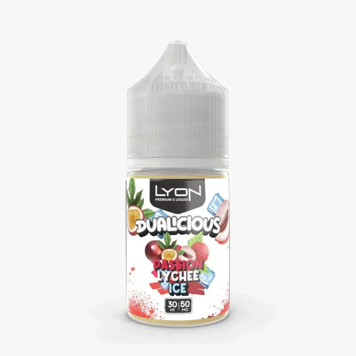Passion Lychee Ice Lyon Nicsalt Dualicious 30ml blends juicy lychee, tangy passion fruit, and mint exhale for sweet, tropical, and refreshing flavor.
