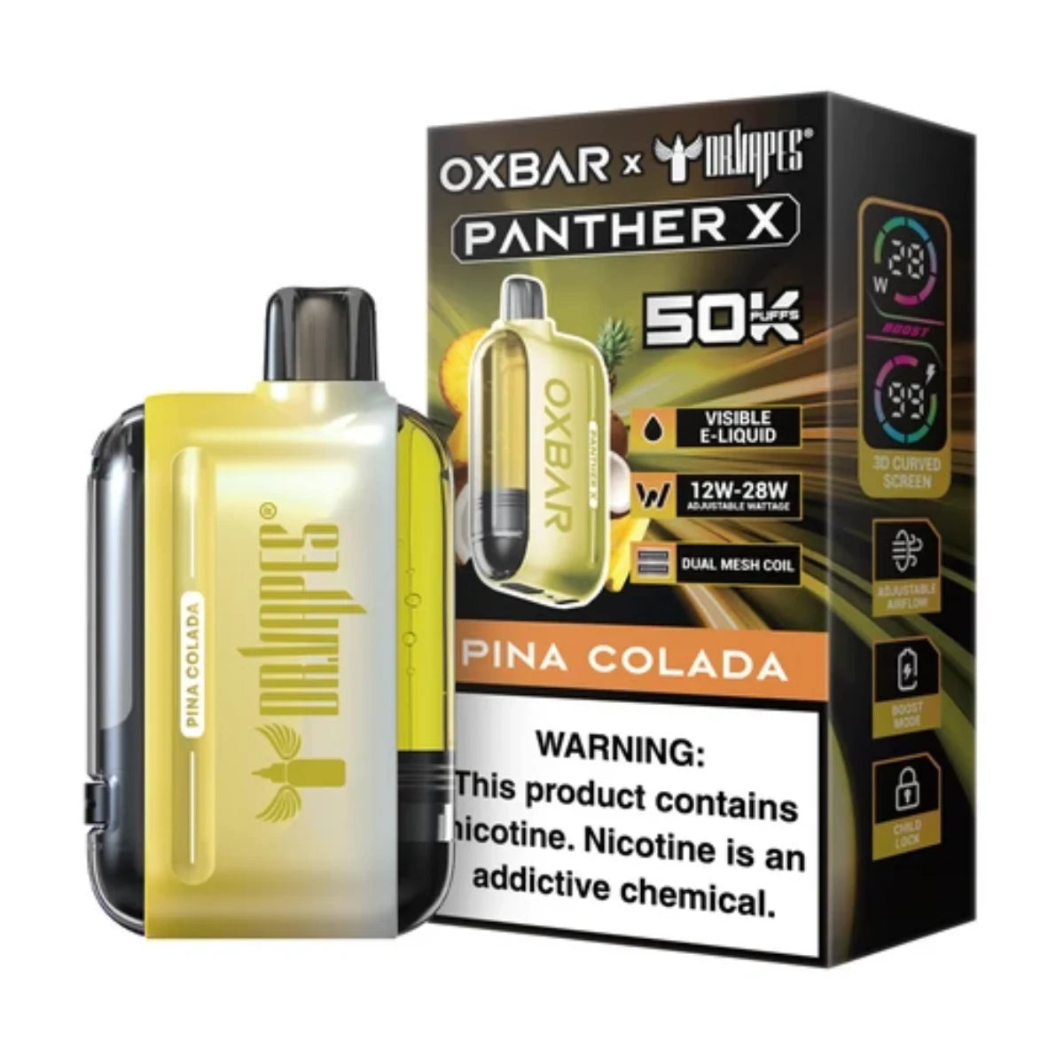Pina colada Panther X Oxbar Disposable vape combines sweet pineapple and smooth coconut tropical flavor profile, Shop best price online in Pakistan.