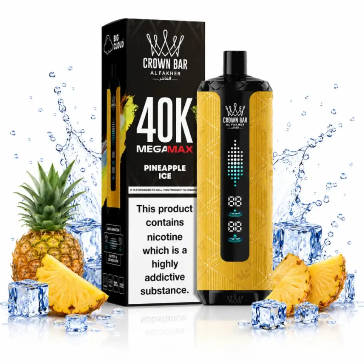 Pineapple Ice Al Fakher mega max vape features juicy pineapple flavor, icy cooling, rechargeable battery, and up to 40,000 puffs for long-lasting use.