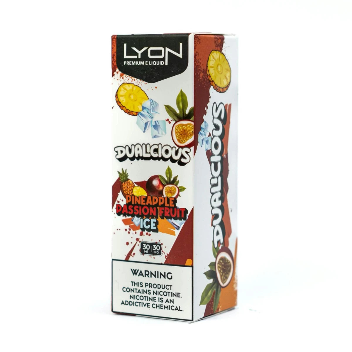 Pineapple Passion Fruit Ice Lyon Dualicious Salt nicotine blends juicy pineapple, tropical passion fruit, and menthol in a smooth 50/50 VG/PG.