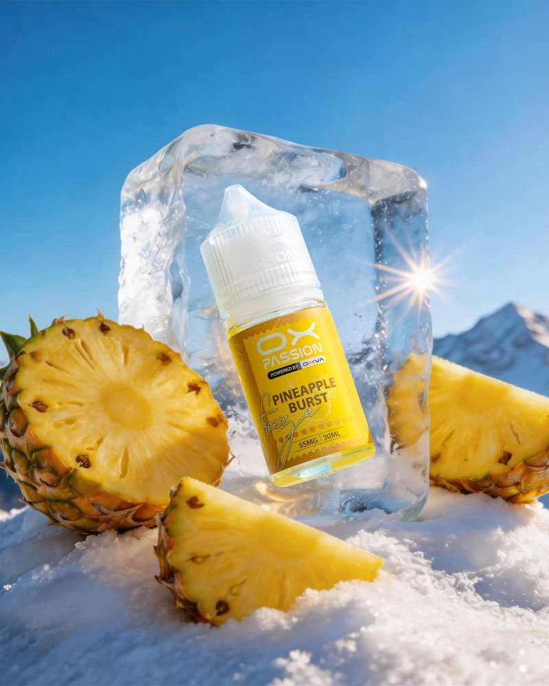 Pineapple burst Ox Passion e-juice 30ml a juicy, tangy pineapple vape with smooth nicotine salt performance, 35mg 55mg with optimized taste output.