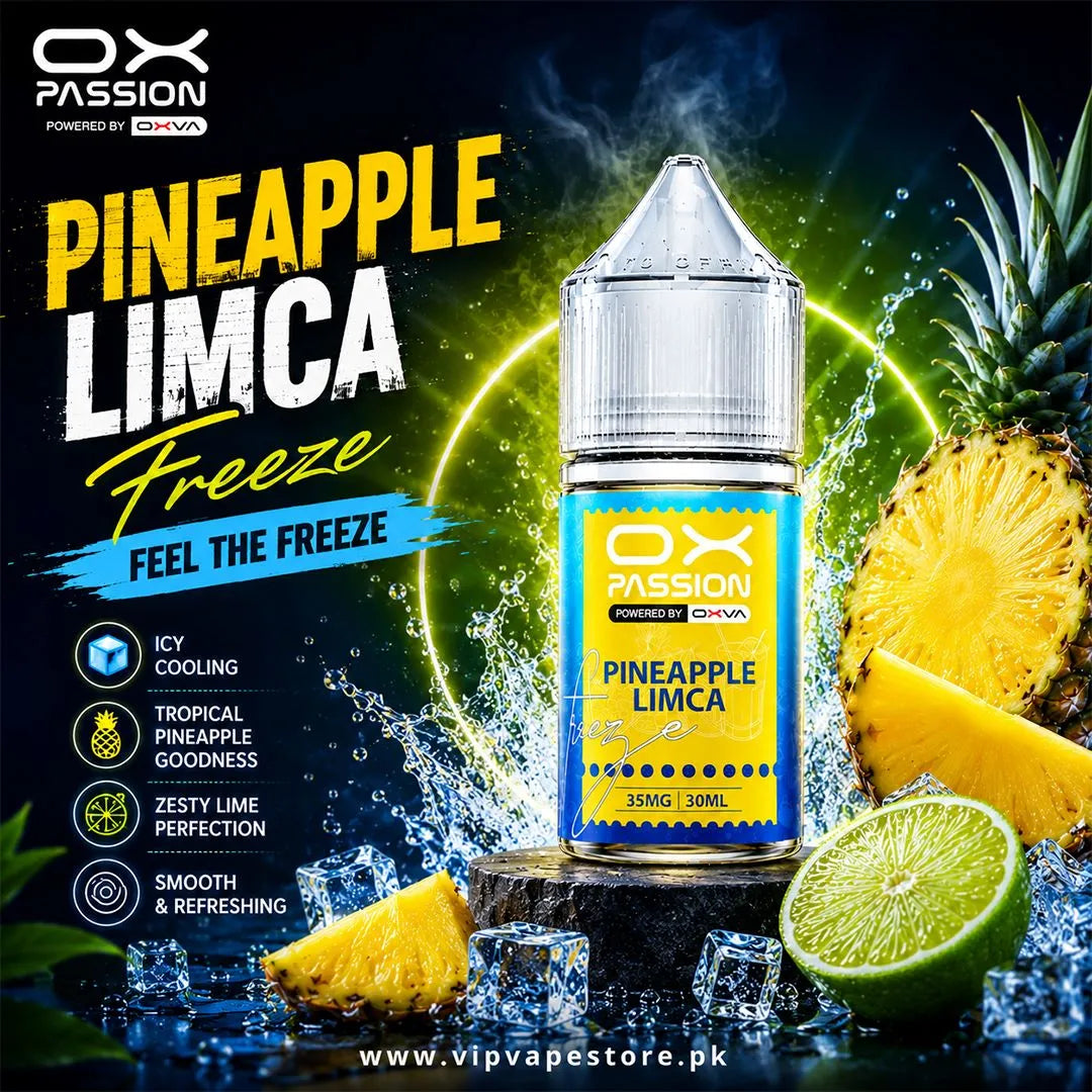 Pineapple Limca Ox Passion Freeze 30ML delivers a refreshing mix of tropical pineapple sweetness and fizzy citrus soda flavor. This premium&nbsp;pineapple citrus ice vape juice in Pakistan blends juicy pineapple notes with the tangy taste of lemon-lime soda, creating a bright and energizing vape experience.