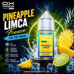 Pineapple Limca Ox Passion Freeze 30ML delivers a refreshing mix of tropical pineapple sweetness and fizzy citrus soda flavor. This premium&nbsp;pineapple citrus ice vape juice in Pakistan blends juicy pineapple notes with the tangy taste of lemon-lime soda, creating a bright and energizing vape experience.