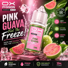 Pink guava ice Ox Passion e-liquid 30ml a smooth, balance nic salt experience, Enjoy ripe guava flavor with a light exhale, optimize for pod systems.
