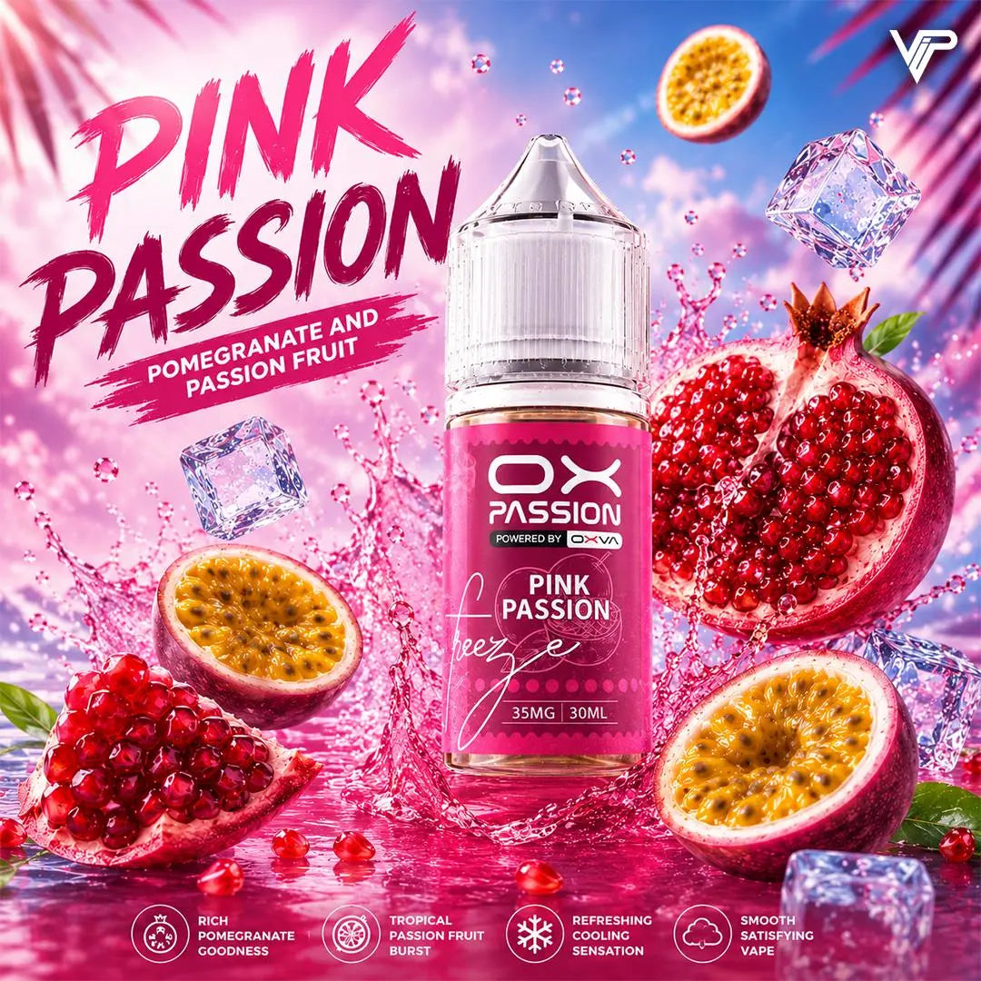 Pink Passion Freeze Ox Passion 30ml a premium nicotine salt e-liquid a vibrant fruity blend with a refreshing icy kick. This flavor combines passion fruit with a subtle mix of pink pomegranate, deliver a sweet slightly tangy inhale follow a crisp ice.