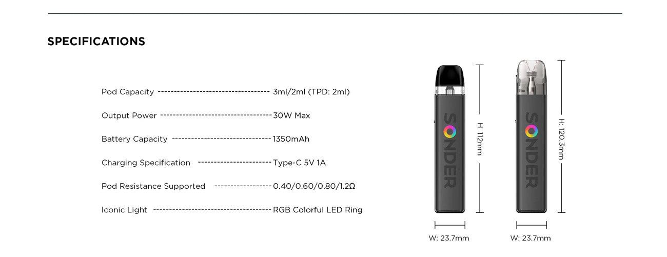 Specifications of Geekvape Sonder Q2 pod kit at VIP vape store Pakistan