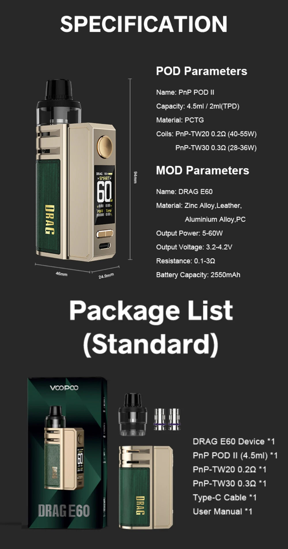 Voopoo Drag E60 Pod Mod Kit 60W specs and features