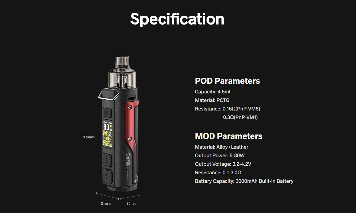 Specifications of Argus pro vape like Mod parameters including 3000mah battery and PTCG material