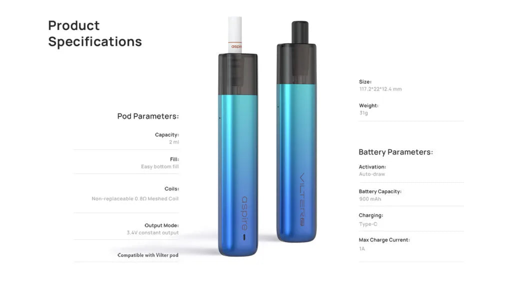 Specification of Aspire Vilter 2 pod kit system