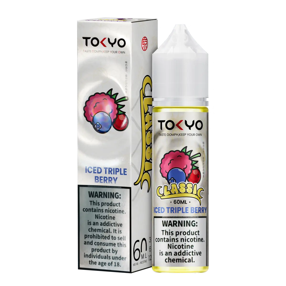 Triple berry iced Tokyo E-liquid 60ml Classic enjoy a premium blend of sweet strawberries, rich blueberries, tangy raspberries, and ice finish.